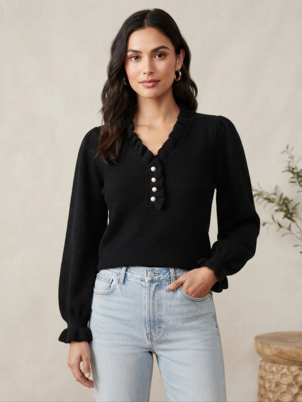 ​CeCe Black Ruffle Collar Pearl Button Puff Sleeve Knit Sweater – Size Medium